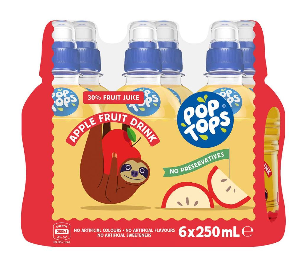 Pop Tops Fruit Drink Apple Poppers Multipack Lunch Box Bottles 250ml X 6 Pack